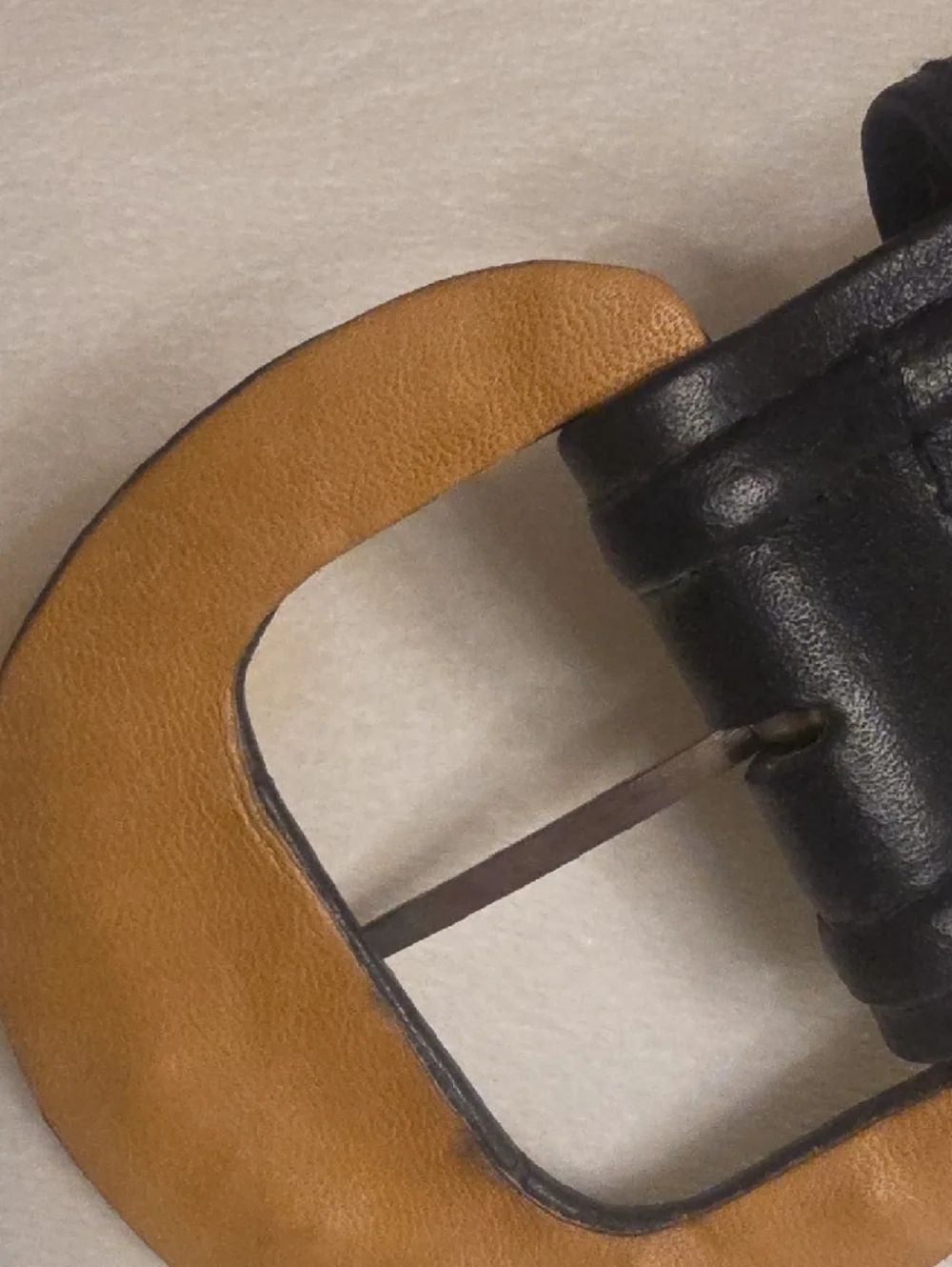 Ginnie Johansen Vintage Black Leather Belt with Tan Interior and Rounded Buckle